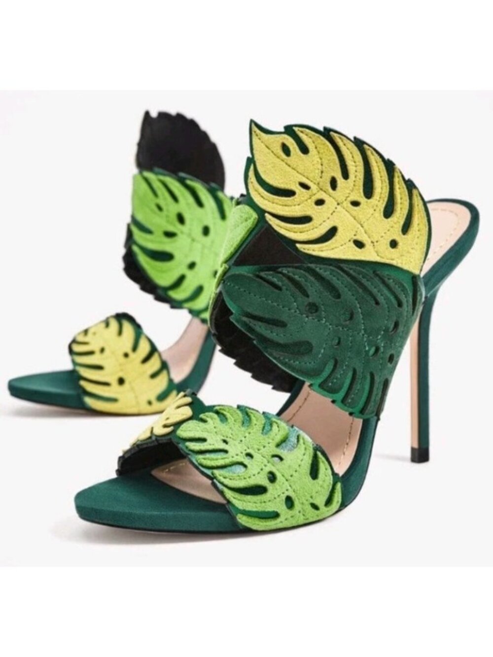 ZARA  SUEDE  MULES GREEN YELLOW LEAVES STILETTO HEEL Sz 37 US 6.5